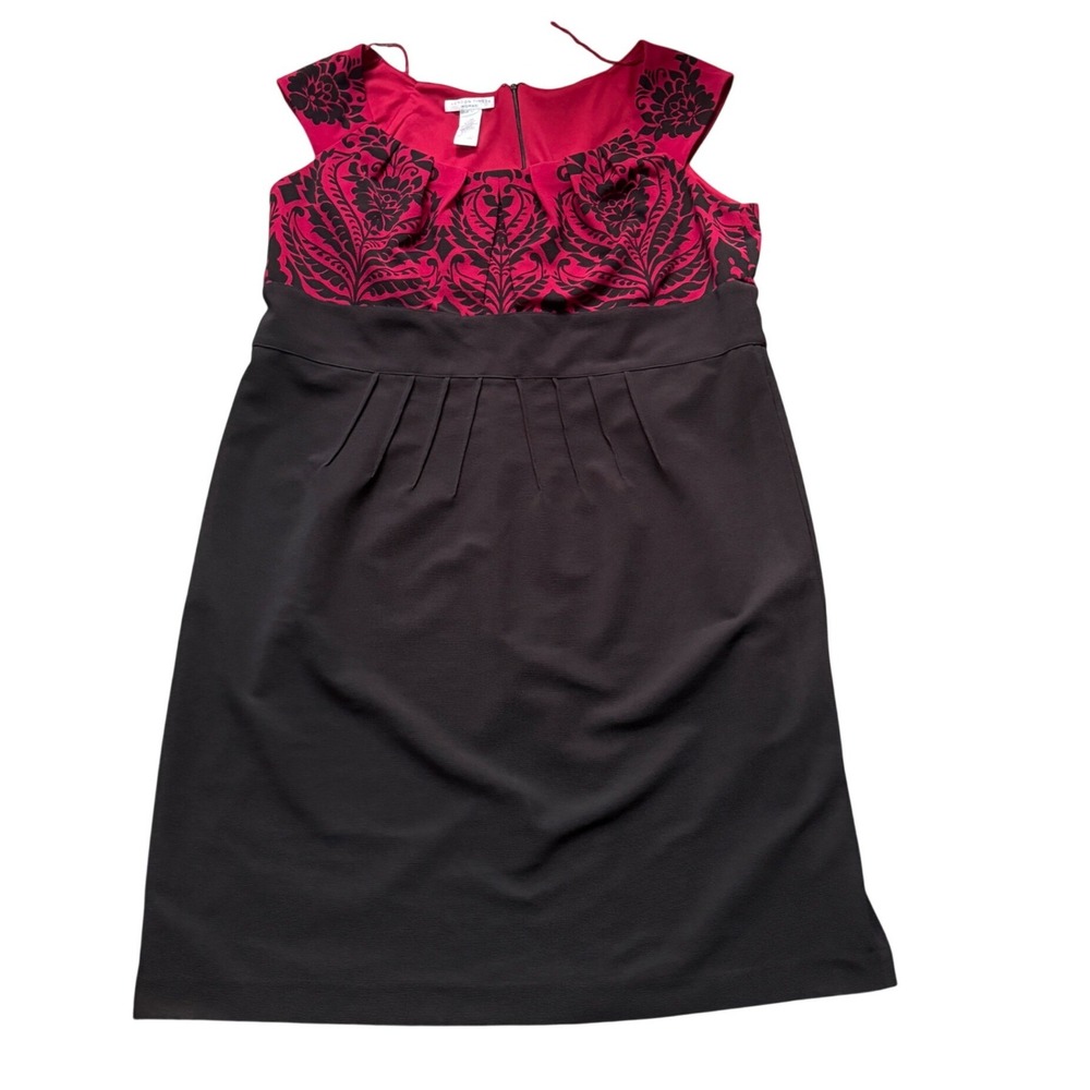 London Times Woman 20W Red Black Damask Empire Waist Sheath Dress Sleeveless